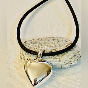 Heart choker necklace, black leather choker necklace, silver heart, love necklac